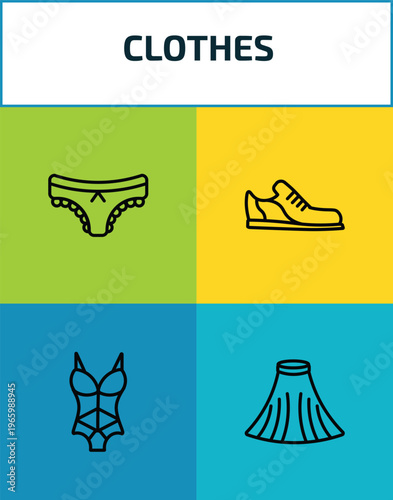 clothes outline icon set. 4 linear vector for ui, web and mobile. thin line panties, shoes, lingerie, tulle skirt icons.