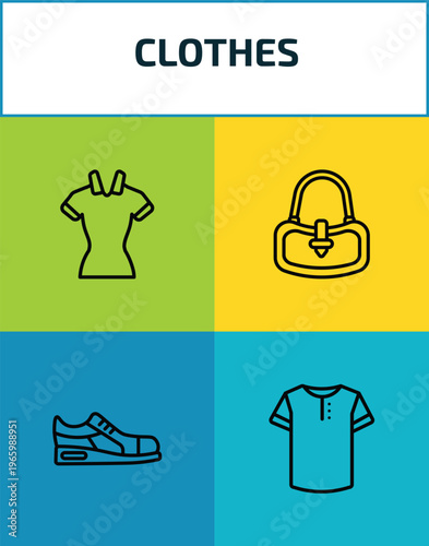 clothes outline icon set. 4 linear vector for ui, web and mobile. thin line lyocell shirt dress, hobo bag, sneaker, henley shirt icons.