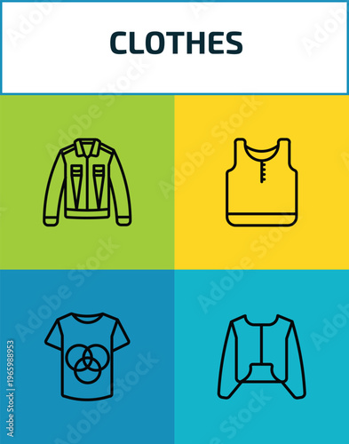 clothes outline icon set. 4 linear vector for ui, web and mobile. thin line denim shirt, tank top, t shirt with de, nylon jacket icons.