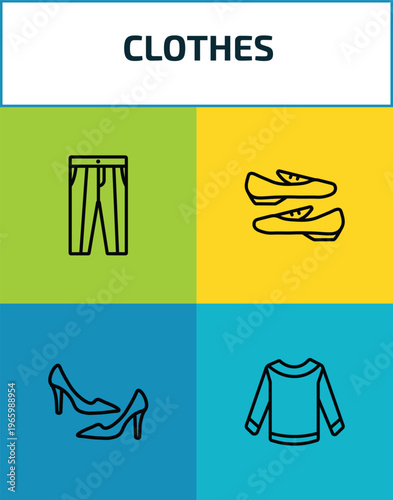 clothes outline icon set. 4 linear vector for ui, web and mobile. thin line oxford wave suit pants, loafer, high heel, long sleeves t shirt icons.