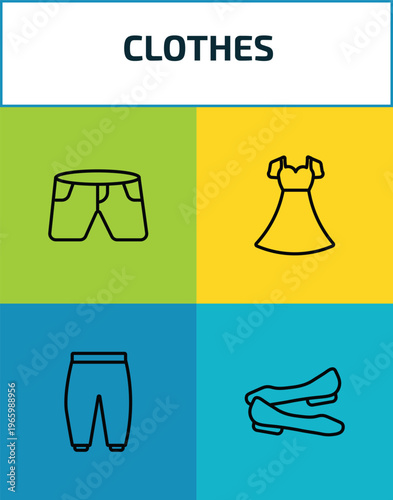clothes outline icon set. 4 linear vector for ui, web and mobile. thin line denim shorts, chiffon dress, harem pants, ballets flats icons.