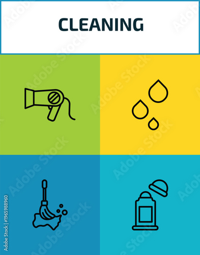cleaning outline icon set. 4 linear vector for ui, web and mobile. thin line hairdryer cleanin, liquid, floor mop, deodorizer icons.