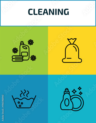 cleaning outline icon set. 4 linear vector for ui, web and mobile. thin line softener, trash bag, hot water, dishwashing detergent icons.