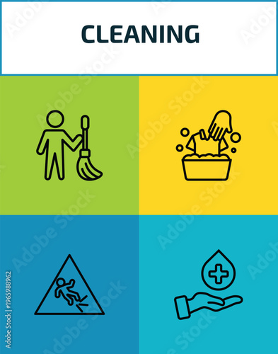 cleaning outline icon set. 4 linear vector for ui, web and mobile. thin line cleaner, washing clothes, wet floor, sanitize icons.
