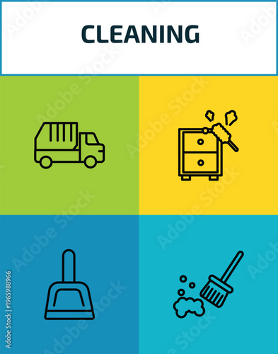 cleaning outline icon set. 4 linear vector for ui, web and mobile. thin line garbage truck, dusting, dust pan, sweeping icons.