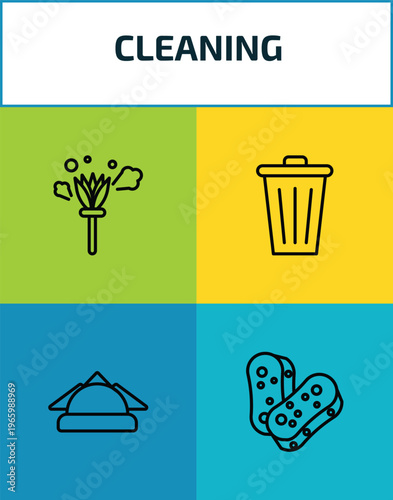 cleaning outline icon set. 4 linear vector for ui, web and mobile. thin line feather duster, bin, serviette, scouring pads icons.