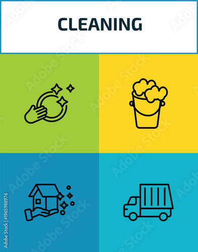 cleaning outline icon set. 4 linear vector for ui, web and mobile. thin line washing dishes, bucket cleanin, cleaning house, garbage truck cleanin icons.
