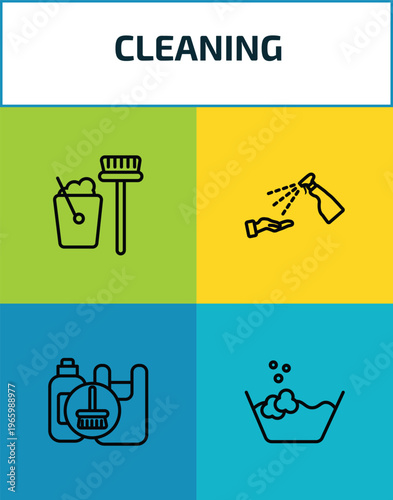 cleaning outline icon set. 4 linear vector for ui, web and mobile. thin line housekeeping, sterilization, garbage cleanin, wash icons.