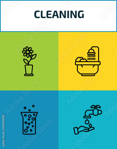 cleaning outline icon set. 4 linear vector for ui, web and mobile. thin line rose cleanin, bathtub cleaning, hard water, hand wash icons.