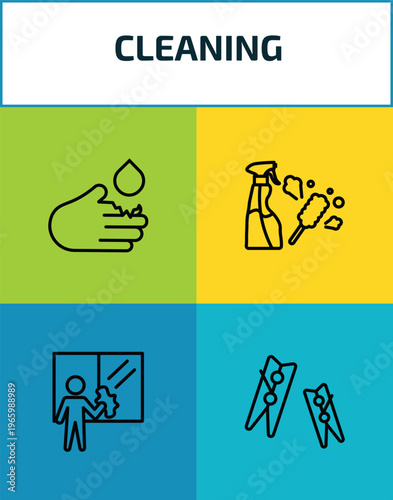 cleaning outline icon set. 4 linear vector for ui, web and mobile. thin line acid, cleaning tools, window cleaner, clothes peg icons.