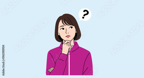 Thoughtful young woman in magenta jacket with arms crossed looking up with question mark icon in speech bubble.