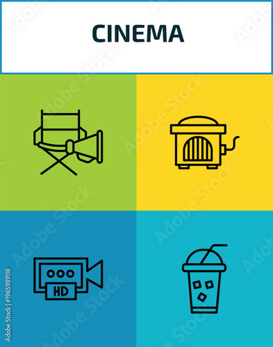 cinema outline icon set. 4 linear vector for ui, web and mobile. thin line film director, cinema hurdy gurdy, hd video, take away drink icons.