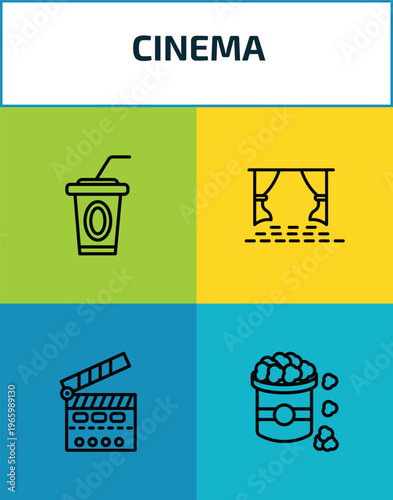 cinema outline icon set. 4 linear vector for ui, web and mobile. thin line papper cup with straw, cinema screen, cinema flapper, popcorn bag icons.