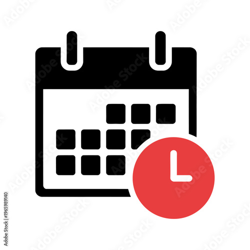 Calendar vector with a red clock icon represents scheduling and time management.