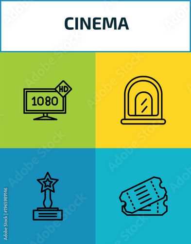 cinema outline icon set. 4 linear vector for ui, web and mobile. thin line 1080p hd tv, cinema ticket window, trophy with a star, two movie tickets icons.