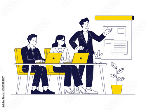 Manager presents new company strategy to attentive colleagues during an engaging office training seminar.