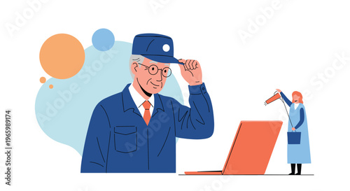 Senior male worker in blue uniform tipping his cap and smiling while sitting at laptop with small female figure.