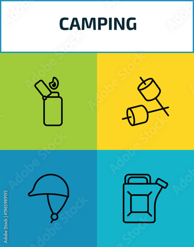 camping outline icon set. 4 linear vector for ui, web and mobile. thin line lighter, marshmallow, jockey, gasoline icons.