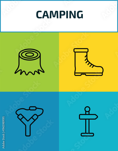 camping outline icon set. 4 linear vector for ui, web and mobile. thin line stump, boots shoes, slingshot, direction icons.