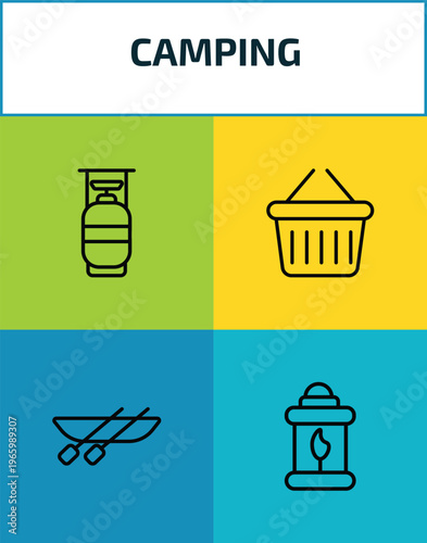 camping outline icon set. 4 linear vector for ui, web and mobile. thin line cooking gas, basket, canoe, fire lamp icons.