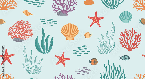 Beautiful seamless pattern of underwater world with colorful coral reefs shells starfish seaweed and schools of fish.