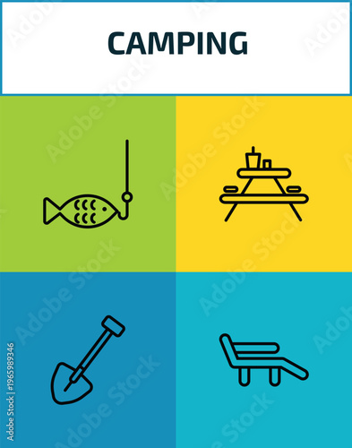 camping outline icon set. 4 linear vector for ui, web and mobile. thin line fishing, camp table, shovel, deck chair icons.