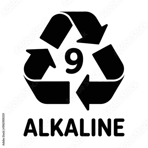 Vector of a recycling symbol with the number nine and the word alkaline