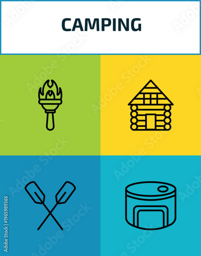 camping outline icon set. 4 linear vector for ui, web and mobile. thin line torch, cabin, oar, canned food icons.