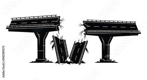 A stark depiction of a fractured bridge structure dramatically broken and fragmented presented in bold silhouette high quality professional detailed modern