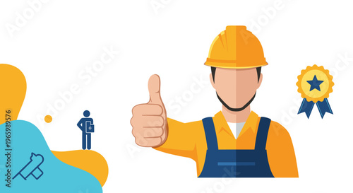 Construction worker in yellow hard hat giving thumbs up sign with gold medal icon and blue silhouette background.