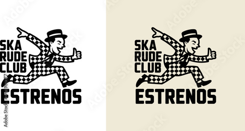 Ska Rude Club Estrenos Logo with Dancing Character in Checkered Suit, Flat Vintage Vector Illustration