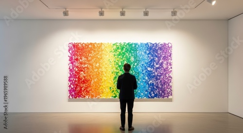 Man viewing large colorful art piece.