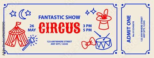 Circus sketch doodle ticket mockup. Kids event design. Cirque performance, funny carnival, party banner. Hand drawn vector illustration.