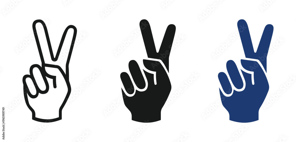 Fototapeta premium Victory Sign Hand Symbol Collection – Peace Gesture Vector in Line, Glyph and Color Styles