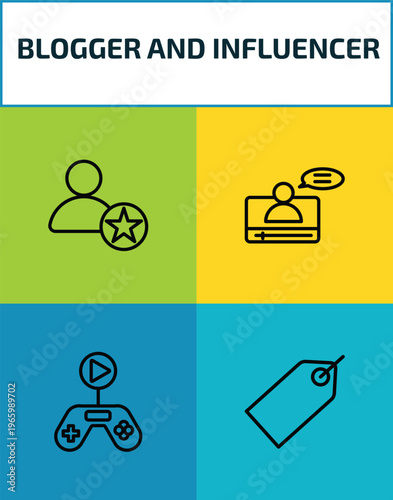 blogger and influencer outline icon set. 4 linear vector for ui, web and mobile. thin line famous, vlogger, gameplay, label icons.