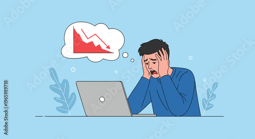Stressed man sitting at laptop computer with hands on his head thinking about a red falling graph indicating loss.