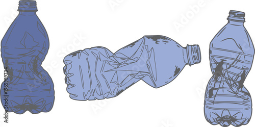 Crumpled plastic water bottles vector set, blue crushed disposable bottles for recycling concept, waste management and environmental pollution icons
