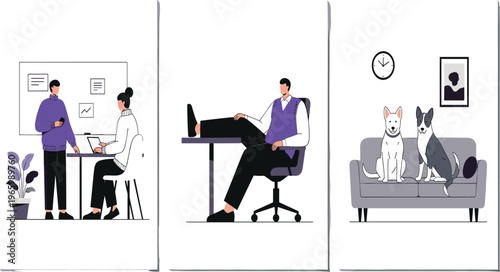 Flat vector illustration set featuring business professionals in a meeting, a man relaxing at his desk, and two dogs on a sofa.