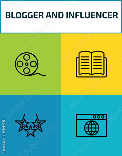 blogger and influencer outline icon set. 4 linear vector for ui, web and mobile. thin line film reel, literature, rating, browser icons.