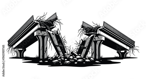 A broken bridge rendered in stark black and white showcasing destruction and decay with a dramatic silhouette high quality professional detailed