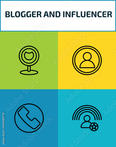 blogger and influencer outline icon set. 4 linear vector for ui, web and mobile. thin line webcam, profile, phone, influencer icons.