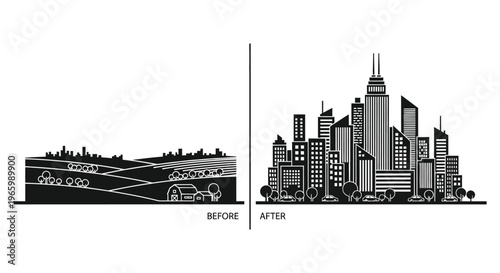 A stark contrast between rural farmland and a modern cityscape is depicted in a bold black and white silhouette high quality professional detailed