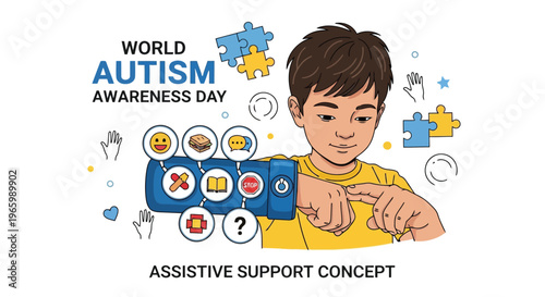 Child using assistive communication device for World Autism Awareness