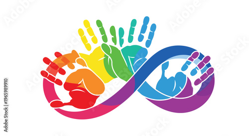 Infinity symbol formed by colorful handprints for autism awareness