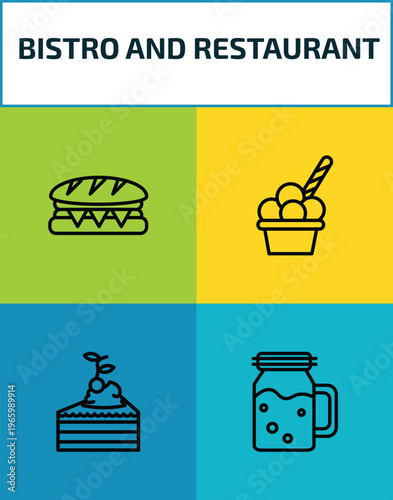 bistro and restaurant outline icon set. 4 linear vector for ui, web and mobile. thin line long sandwich, ice cream cup, cake piece with cream, drink jar icons.