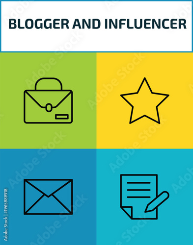 blogger and influencer outline icon set. 4 linear vector for ui, web and mobile. thin line work, star, email, copywriter icons.