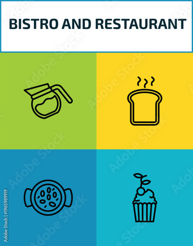 bistro and restaurant outline icon set. 4 linear vector for ui, web and mobile. thin line coffe pot, toasted bread, paella with parwns, cupcake with cherry icons.
