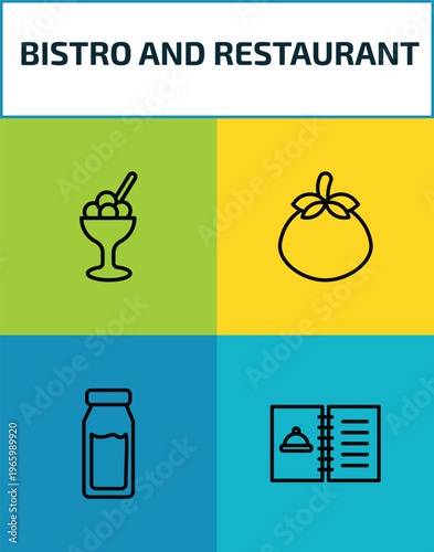 bistro and restaurant outline icon set. 4 linear vector for ui, web and mobile. thin line ice cream balls cup, fresh tomato, milk brick, open menu icons.