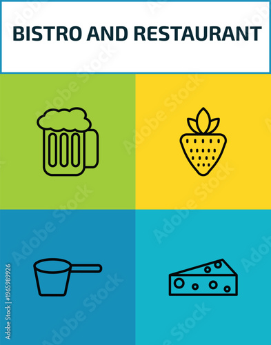 bistro and restaurant outline icon set. 4 linear vector for ui, web and mobile. thin line foamy beer jar, strawberry drawing, lateral pan, piece of cheese icons.