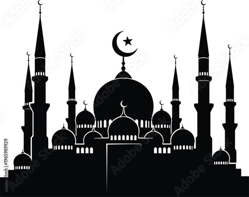 Black silhouette of an ornate mosque with minarets and crescent moons, isolated on white background, for Ramadan Kareem and Eid.